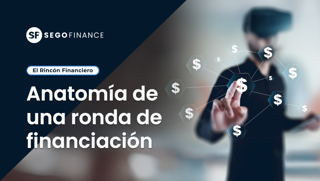 Interfaz gráfica con iconos de signos de dólar conectados entre sí, simbolizando el flujo de capital en una ronda de financiación. En el fondo, una persona desenfocada interactúa con la pantalla.