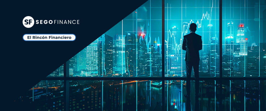 Imagen corporativa de SEGOFINANCE con el texto “El Rincón Financiero”. Una persona de espaldas observa un skyline urbano nocturno a través de un gran ventanal, con gráficos financieros y líneas de datos superpuestos sobre la ciudad, en tonos azules y tecnológicos.