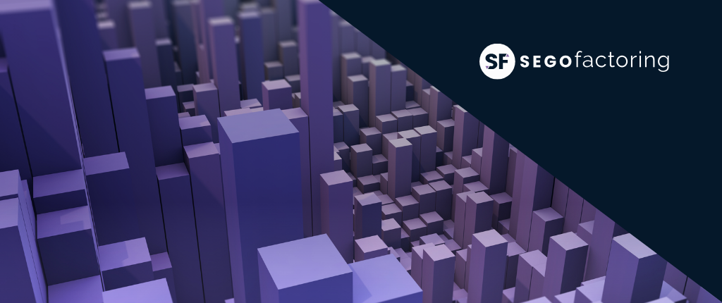Imagen abstracta de bloques geométricos en tonos morados que simulan una ciudad, con el logo de SEGO Factoring, representando el flujo financiero, la liquidez empresarial y el impacto económico.