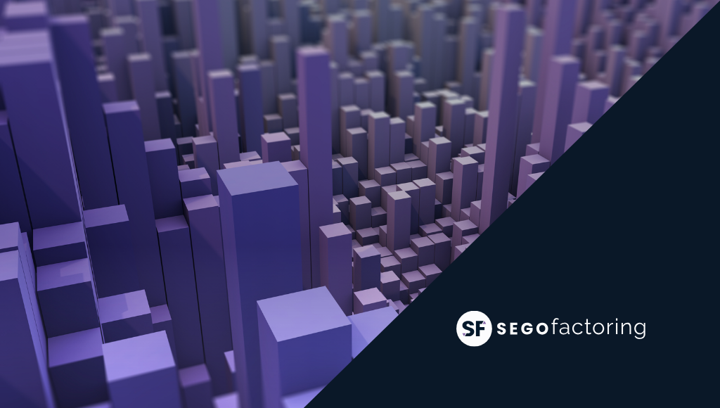 Imagen abstracta de bloques geométricos en tonos morados que simulan una ciudad, con el logo de SEGO Factoring, representando el flujo financiero, la liquidez empresarial y el impacto económico.