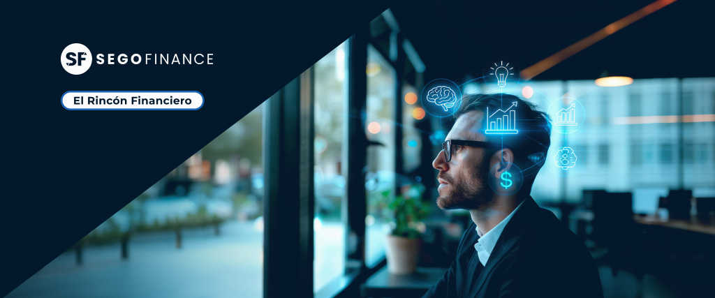 Imagen de portada de El Rincón Financiero sobre la psicología del inversor en Venture Capital, con un hombre de perfil e iconos de cerebro, gráficos de crecimiento y bombilla representando sesgos cognitivos en la inversión