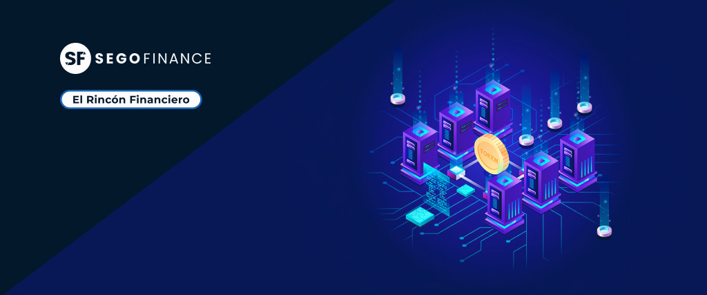 Cabecera de El Rincón Financiero con ilustración isométrica de servidores blockchain conectados y un token digital, sobre fondo azul oscuro
