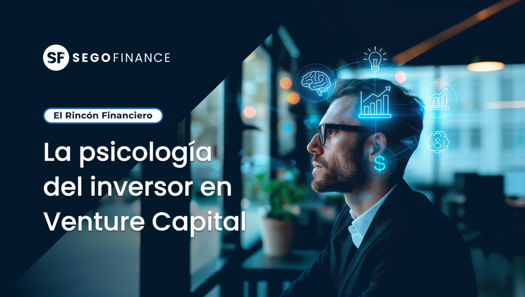 Imagen de portada de El Rincón Financiero sobre la psicología del inversor en Venture Capital, con un hombre de perfil e iconos de cerebro, gráficos de crecimiento y bombilla representando sesgos cognitivos en la inversión